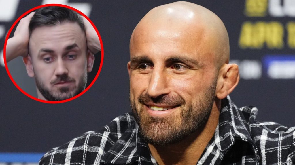 Alexander Volkanovski on stage at the UFC 314 press conference, inset fan reacts to Volkanovski prank