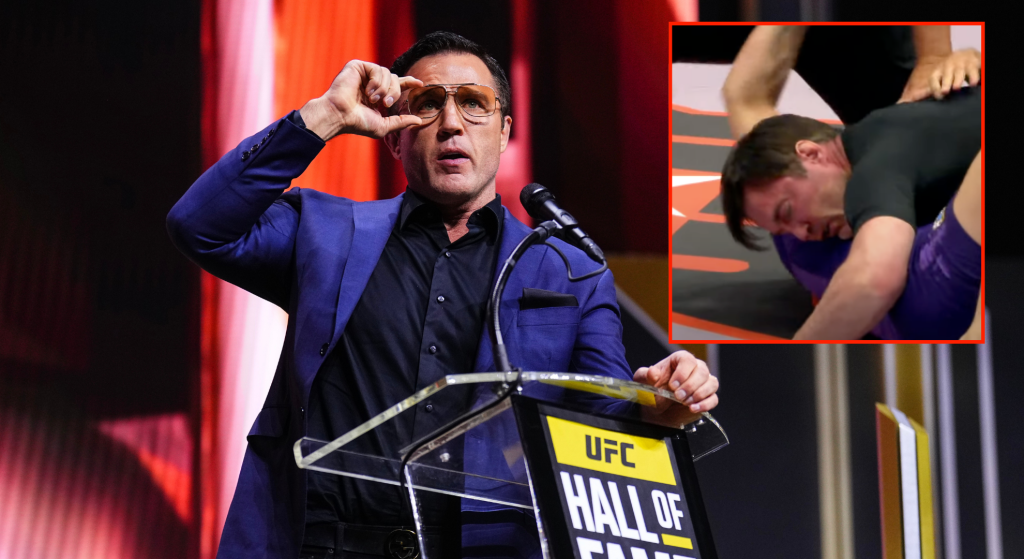 Chael Sonnen speaks at the UFC hall of fame (main). Chael Sonnen being choked to sleep by Craig Jones (block)