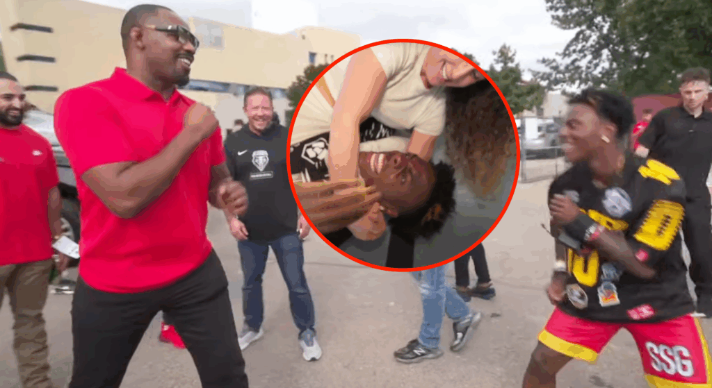 Jon Jones and IShowSpeed pose fists up opposite one another, with bubble showing Speed tapping out to Vanessa Demopoulos