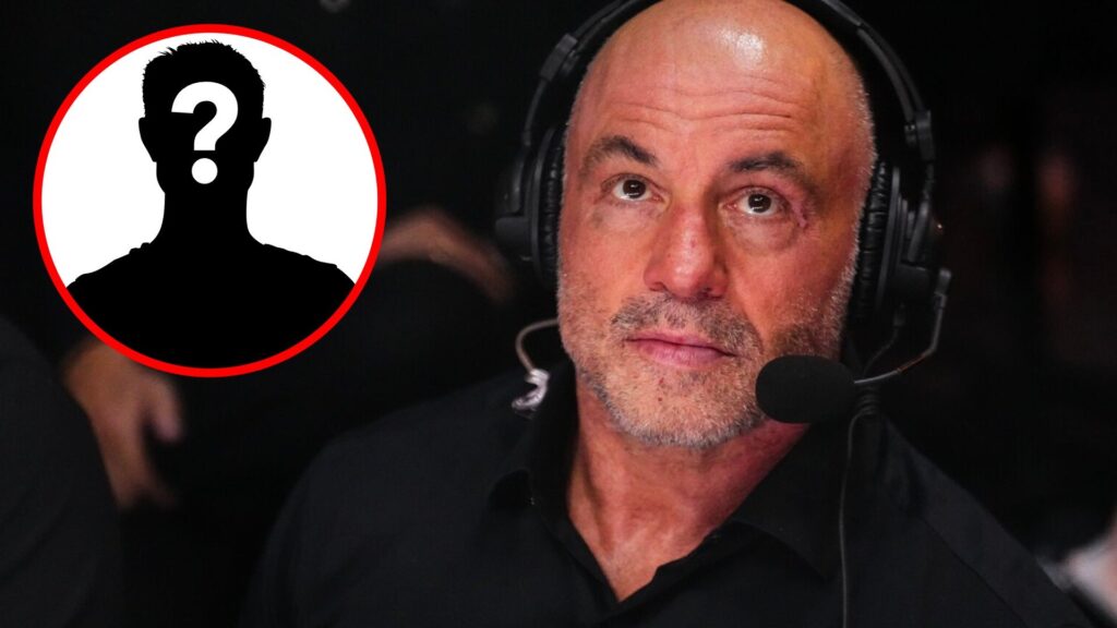 Joe Rogan looks on while commentating UFC 306 at Sphere, inset mystery icon