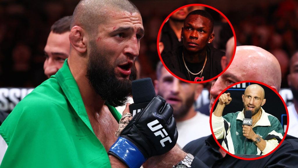 Main: Khamzat Chimaev is interviewed by Joe Rogan after his win over Dricus du Plessis at UFC 319. Top inset: Israel Adesanya attends FUC 317. Bott...