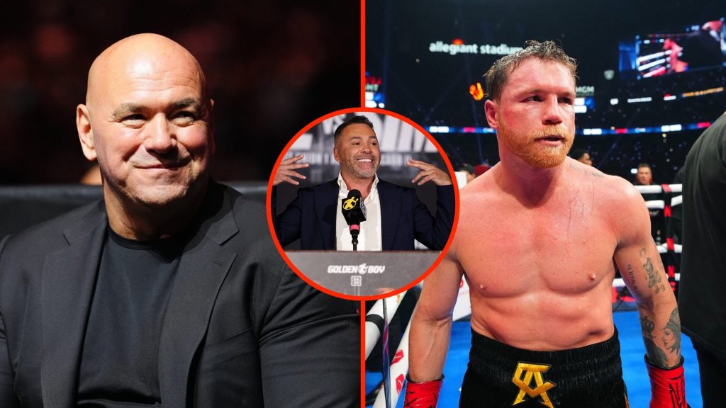 Dana White during Canelo vs Crawford split with Canelo Alvarez moments after his loss with an inset of Oscar De La Hoya at a press conference