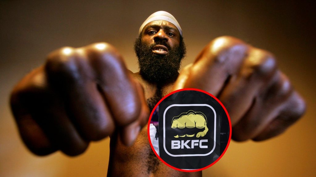 Kimbo Slice posing for a portrait, inset of BKFC logo on Squared Circle
