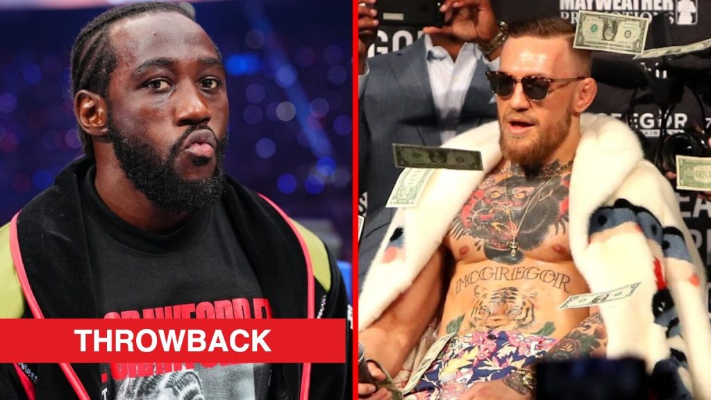 Terence Crawford prepares to fight Canelo Alvarez, Conor McGregor on stage during a Floyd Mayweather press conference
