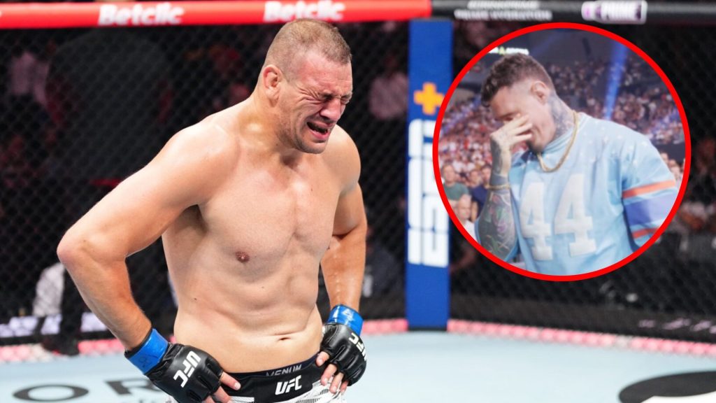 Ante Delija reacts after beating Marcin Tybura at UFC Paris, inset Tom Aspinall reacts to Delija's win