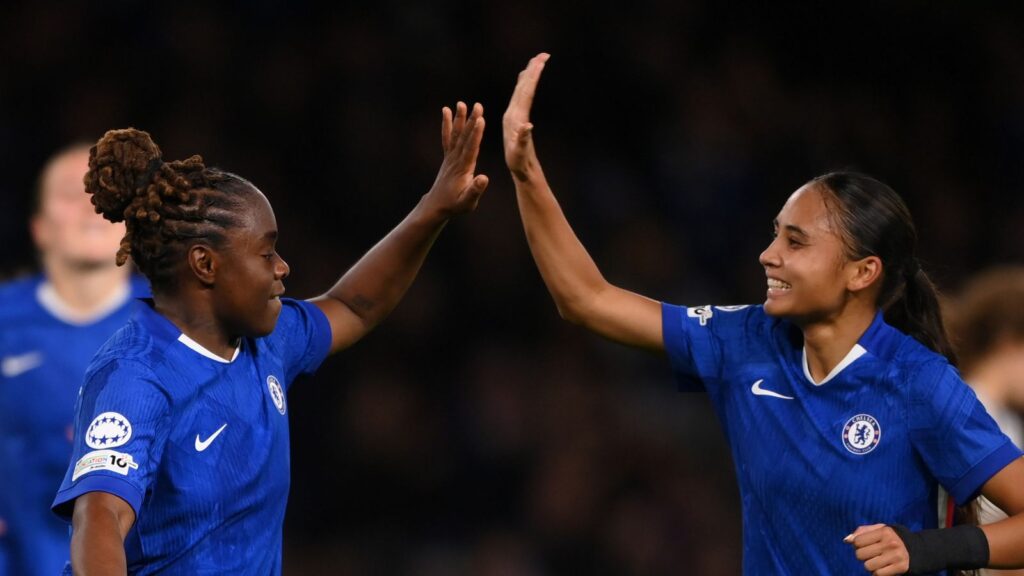 Chelsea Women 4 – 0 Paris FC Women Sandy Baltimore and Alyssa Thompson celebrate as Chelsea thrash Paris FC