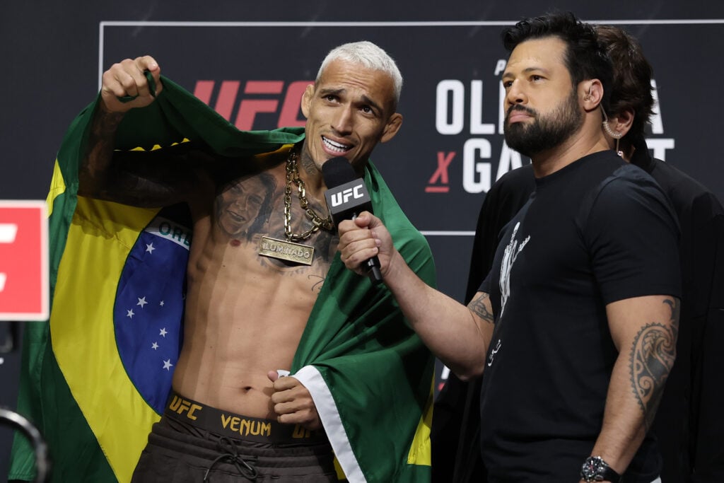 Hollywood star took credit for two of the most iconic UFC KOs of all time from Brazilian legends Charles Oliveira speaks during the ceremonial weigh-ins ahead of his fight with Mateusz Gamrot at UFC Rio in October, 2025.