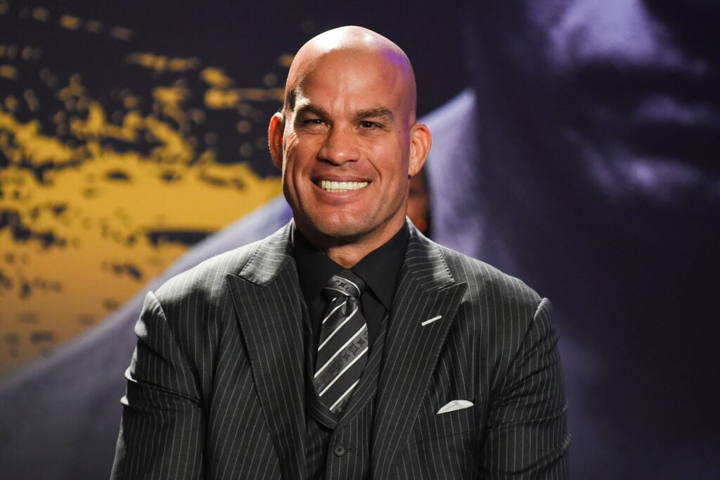 Iconic UFC rivalry shattered promotion’s viewing records with ‘The Final Chapter’ trilogy bout Tito Ortiz on stage during a press conference ahead of his fight with Anderson Silva