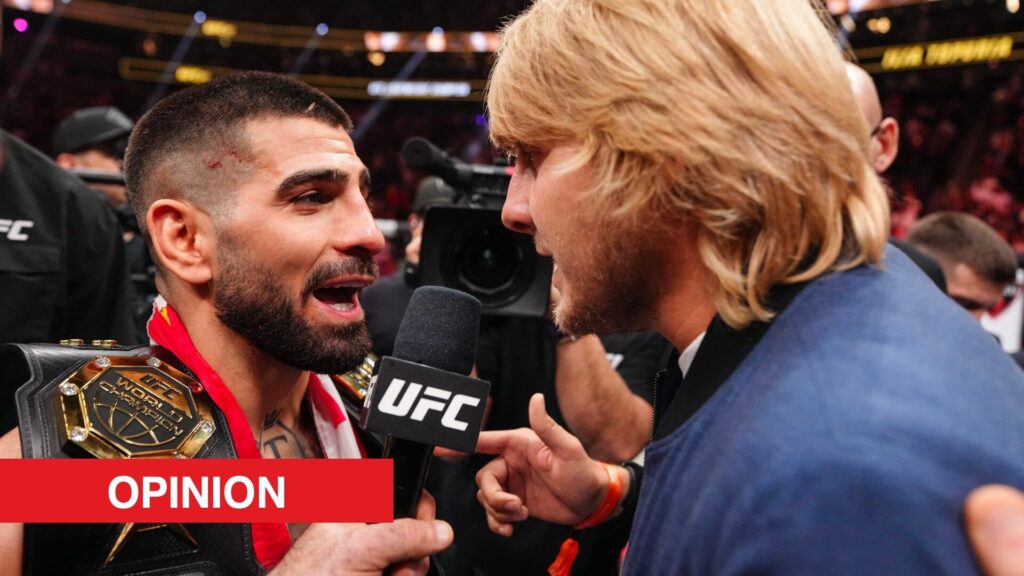 Ilia Topuria and Paddy Pimblett face off after the UFC 317 main event