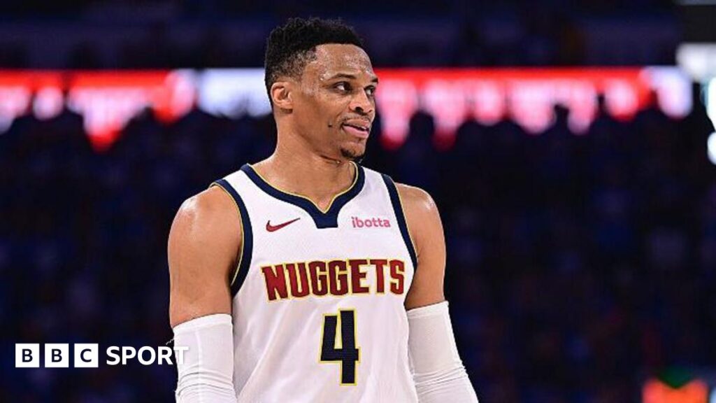 NBA: Former MVP Russell Westbrook signs for Sacramento Kings from Denver Nuggets Russell Westbrook looking on in a Denver Nuggets top