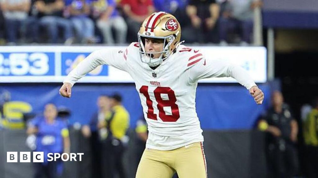 Eddy Pineiro celebrating a field goal against the Los Angeles Rams