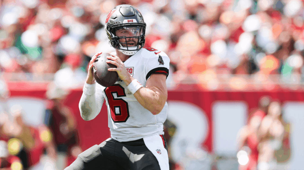 Tampa Bay Buccaneers quarterback Baker Mayfield (6) prepares to throw the ball.