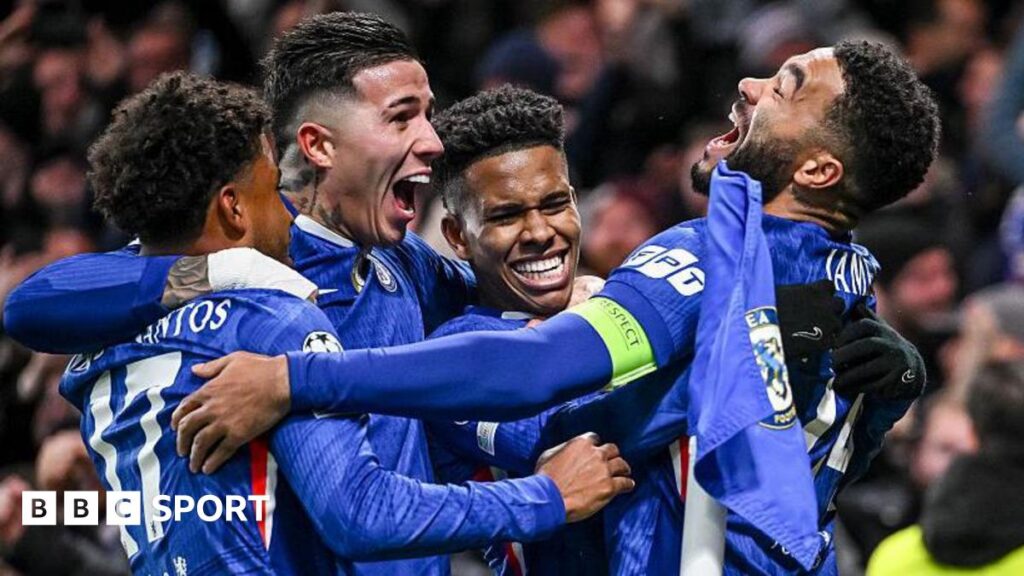 Chelsea's players celebrate following Estevao's goal in the Champions League win against Barcelona on 25 November 2025