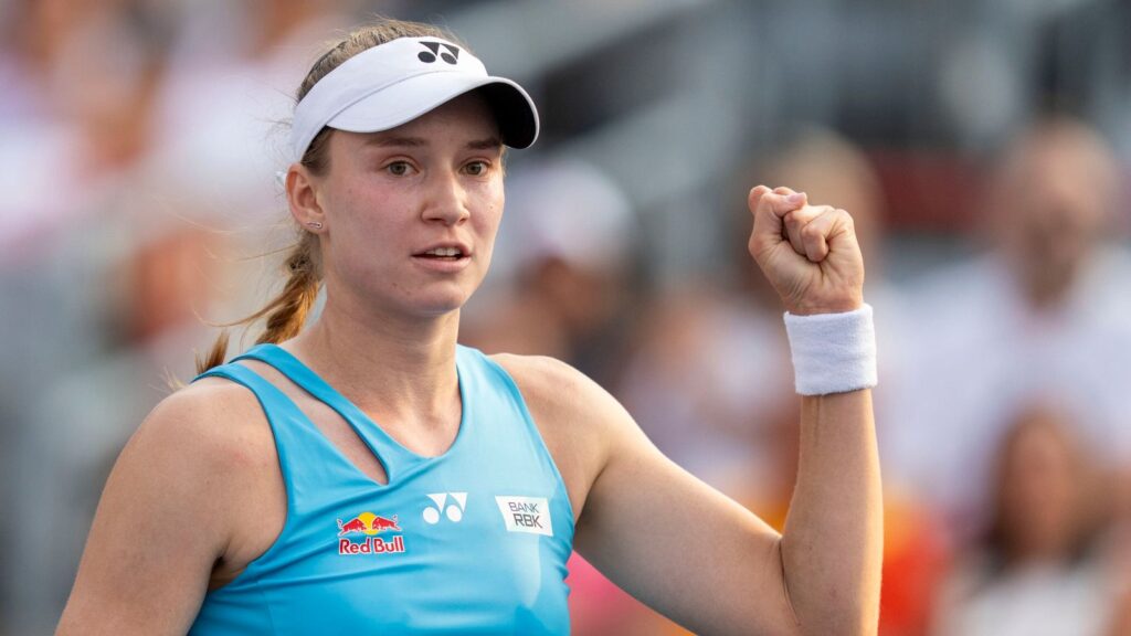 Elena Rybakina, of Kazakhstan, reacts following her win over Dayana Yastremska, of Ukraine, during round of 16 match action at the National Bank Open women's tennis tournament in Montreal, Saturday, Aug. 2, 2025. (Christinne Muschi/The Canadian Press via AP)