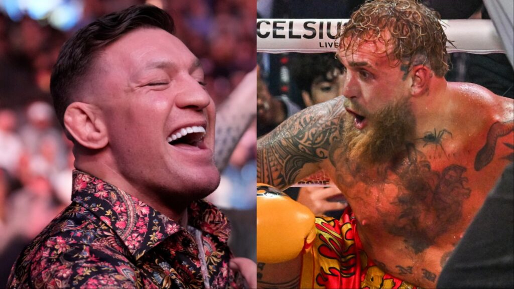 Conor McGregor laughs while attending a UFC event, opposite Jake Paul knocked down by Anthony Joshua