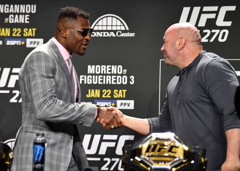 Dana White issues brutal response to Francis Ngannou comeback question after PFL contract claim Francis Ngannou shakes Dana White's hand at the UFC 270 press conference