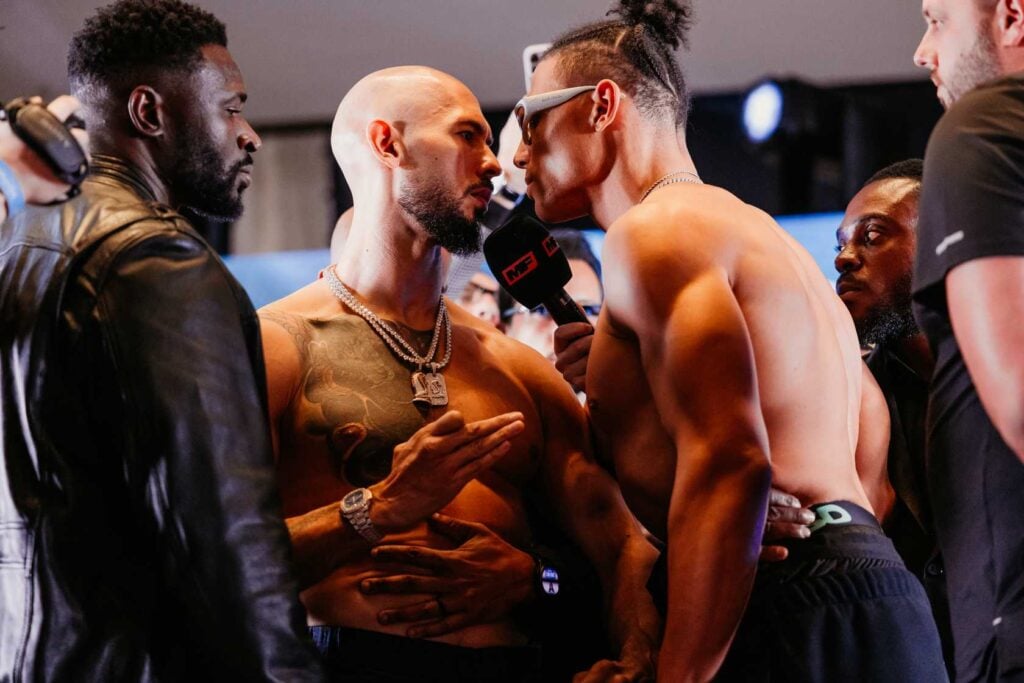 Darren Till left Andrew Tate’s shocking Misfits debut loss early as the fight he’s been chasing faded Andrew Tate and Chase DeMoor face off at their weigh ins