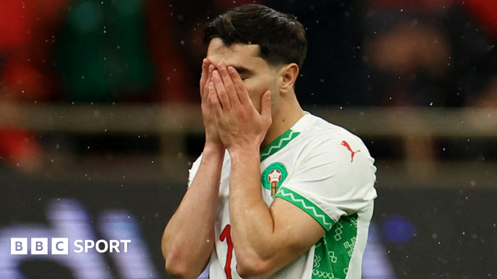Morocco's Brahim Diaz looks dejected after missing a penalty in the Africa Cup of Nations final against Sengal.