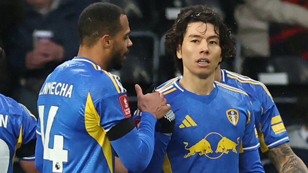 Derby 1 – 3 Leeds Ao Tanaka is congratulated after giving Leeds a 2-1 advantage against Derby
