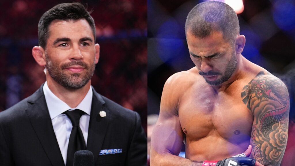 Dominick Cruz commentating at a UFC event, opposite Alexandre Pantoja after an injury at UFC 323