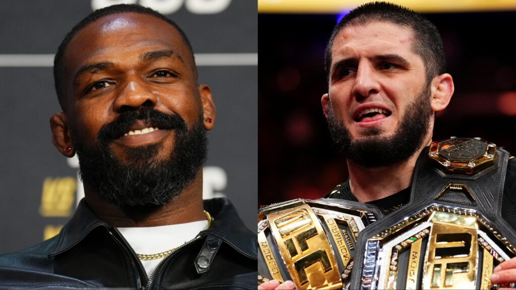 Jon Jones appears at the UFC 309 press conference, opposite Islam Makhachev after a win at UFC 322