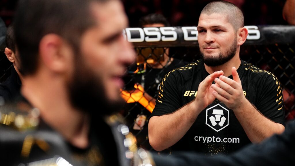 Khabib Nurmagomedov scoffs at ‘freedom of speech’ as he details unorthodox coaching style Khabib Nurmagomedov celebrates with Islam Makhachev at UFC 322
