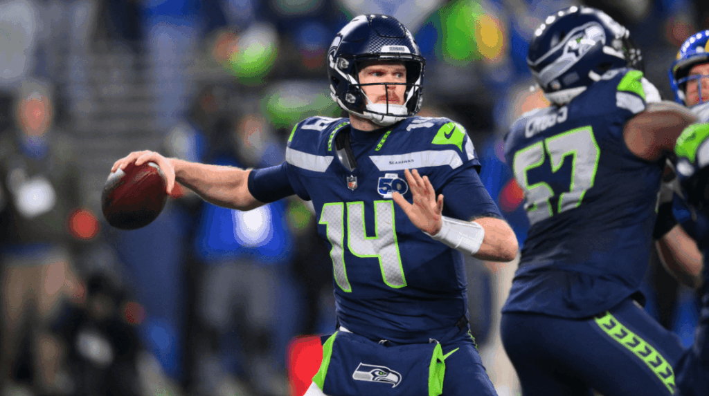 Seattle Seahawks quarterback Sam Darnold (14) passes against the Los Angeles Rams during the second half in the 2026 NFC Championship Game at Lumen Field.