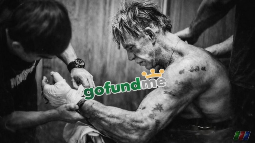 Black-and-white photo of Mickey Rourke in a boxing dressing room before a fight, with a GoFundMe logo visible nearby