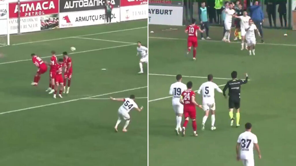 Watch astonishing phantom goal as free kick flies into top corner but referee doesn’t see it go in Watch astonishing phantom goal as free kick flies into top corner but referee doesn’t see it go in