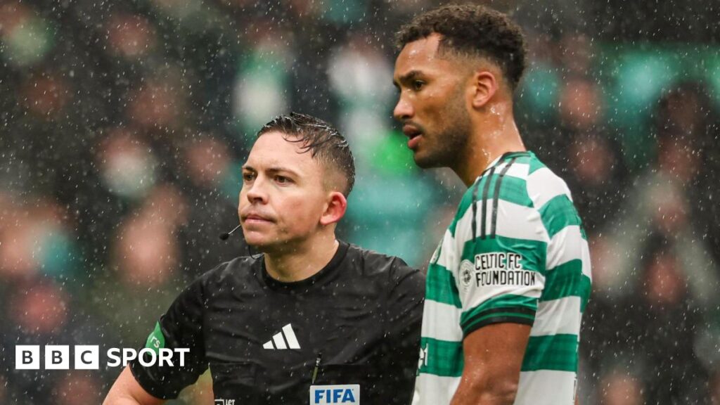 Referee Matthew MacDermid and Celtic defender Auston Trusty