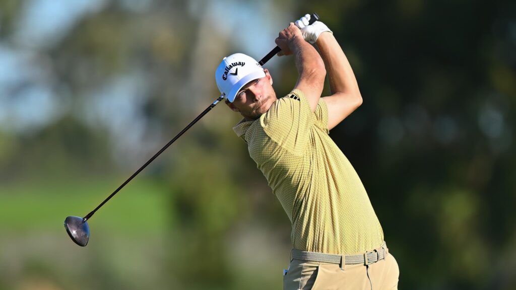 Nicolai Hojgaard tees off during the Farmers Insurance Open at the  Torrey Pines South Course.