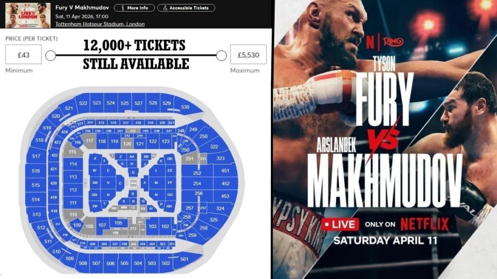 Fury vs Makhmudov tickets showing 12,000 still available at Tottenham Hotspur Stadium