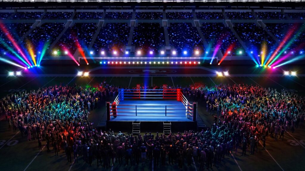 Boxing’s Next Step? A Super Bowl Halftime Fight Boxing ring staged on football field during Super Bowl halftime concept