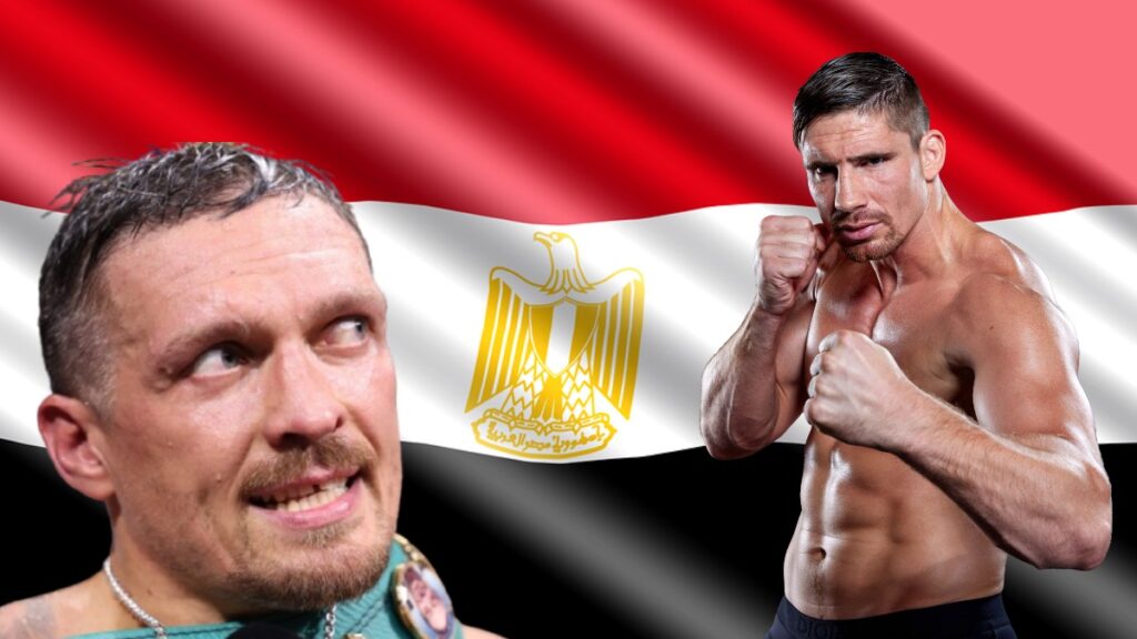 Oleksandr Usyk and Rico Verhoeven with Egypt flag background ahead of May 23 Giza event