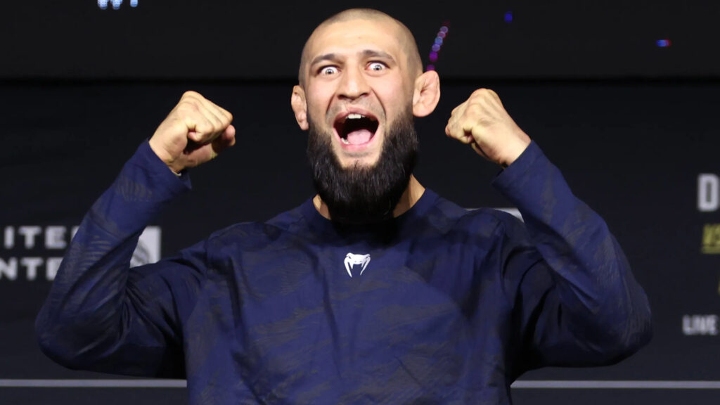 Khamzat Chimaev reacts during a UFC 319 press conference
