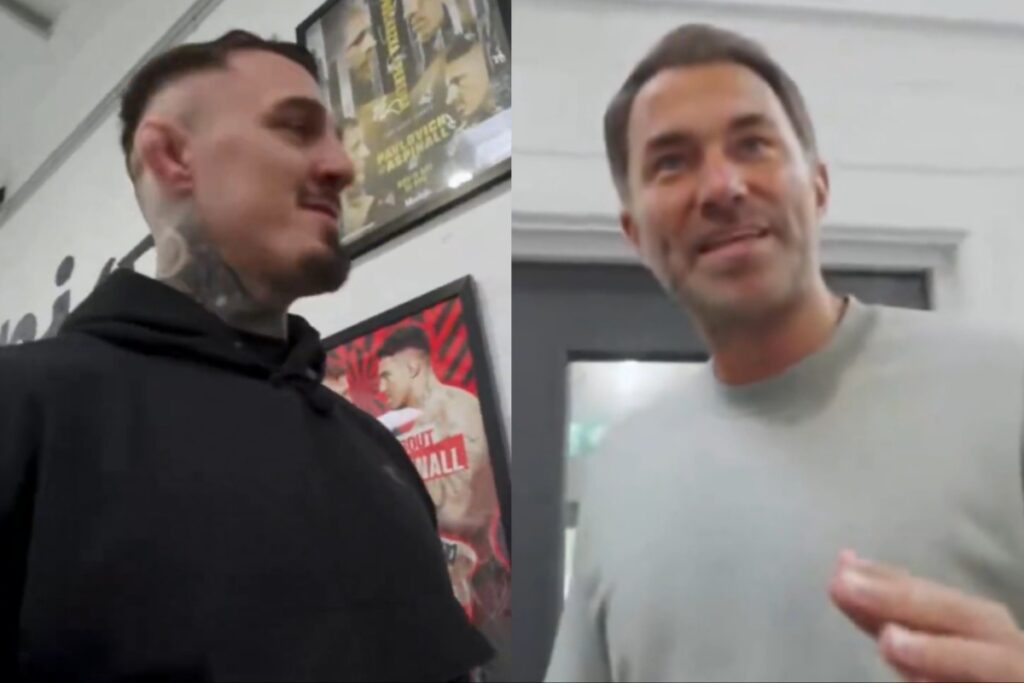 Eddie Hearn refuses to be kicked by Tom Aspinall in hilarious clip: “I’ve got a brain” Tom Aspinall and Eddie Hearn leg kick