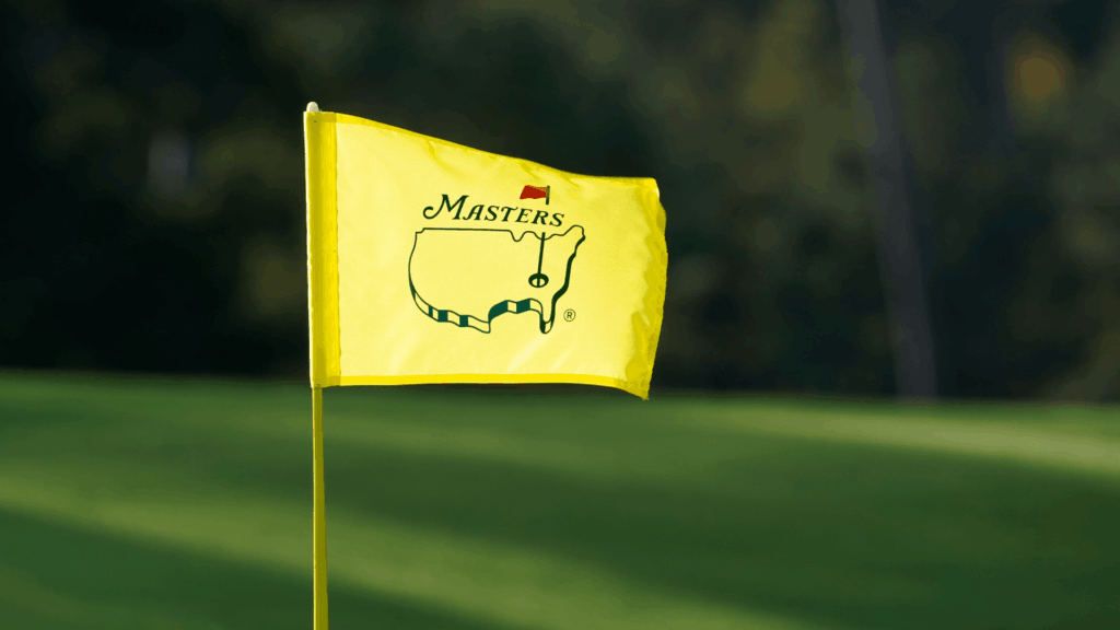 The Masters logo on the flagstick on the 18th green during a practice round for The Masters golf tournament at Augusta National GC.