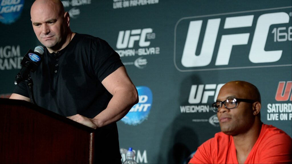 Anderson Silva fires back at ‘bald guy’ Dana White over forced UFC retirement claims Dana White and Anderson Silva at the UFC 168 pre-fight press conference