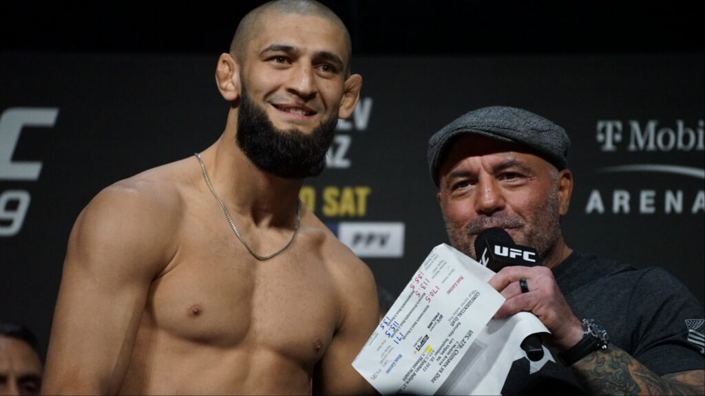 Joe Rogan expresses concern for Khamzat Chimaev’s RAF debut just weeks after UFC 328 Khamzat Chimaev and Joe Rogan at the UFC 319 ceremonial weigh-in