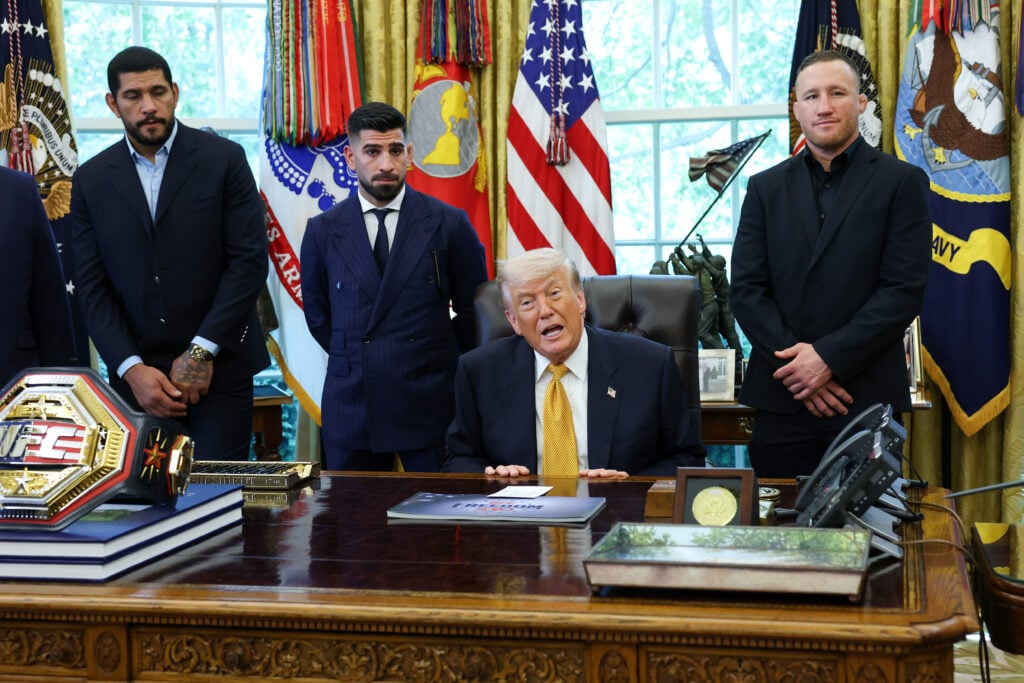Dana White announces he is quadrupling bonuses for UFC Freedom 250 at the White House Alex Pereira, Ilia Topuria and Justin Gaethje stand behind President Donald Trump in the Oval Office as he speaks to the press. There is a UFC American-themed belt on the desk