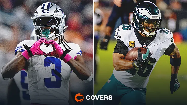 Monday Night Football Week 7 Cowboys vs. Eagles prediction. Custom image of George Pickens and Saquon Barkley.