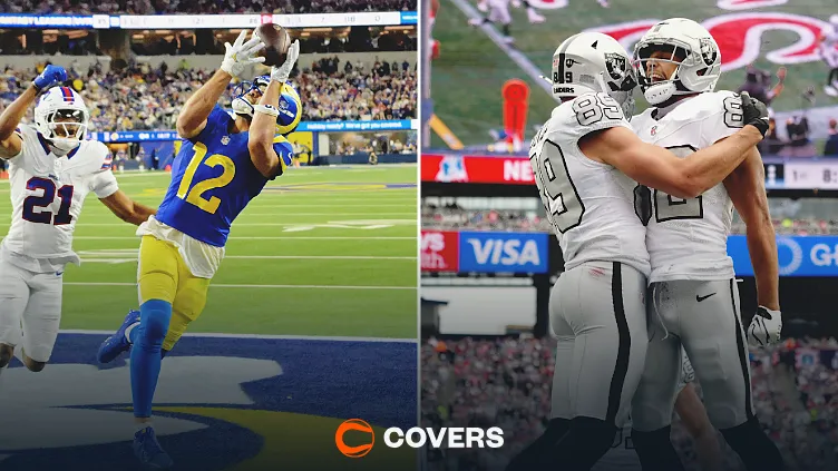 Rams vs Raiders Prediction, Picks & Odds: NFL Week 7 Rams vs Raiders prediction. Custom image of Puka Nacua and Brock Bowers.
